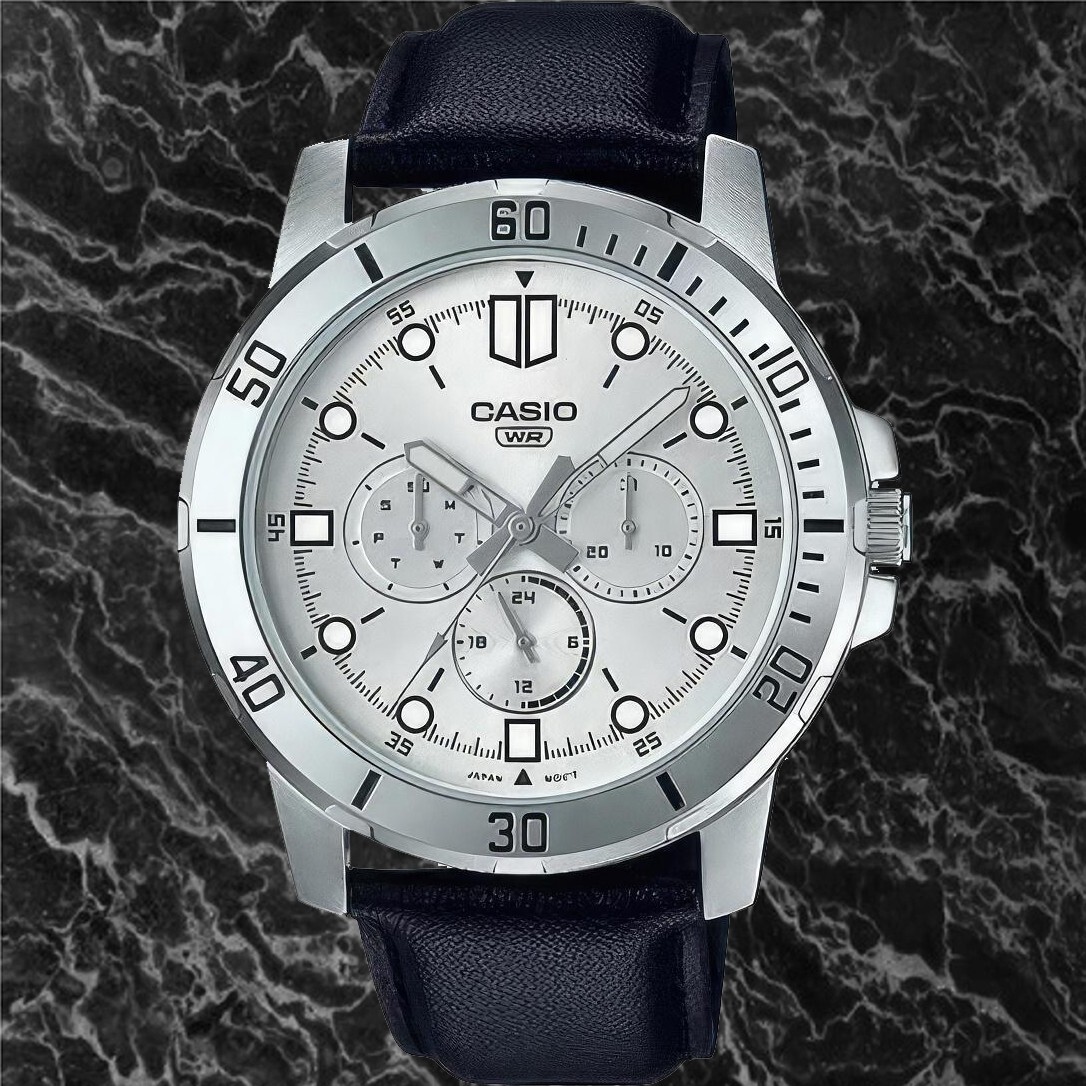 Casio MTP-VD300L-7E Multi Hands Black Leather White Analog Men's Dress Watch