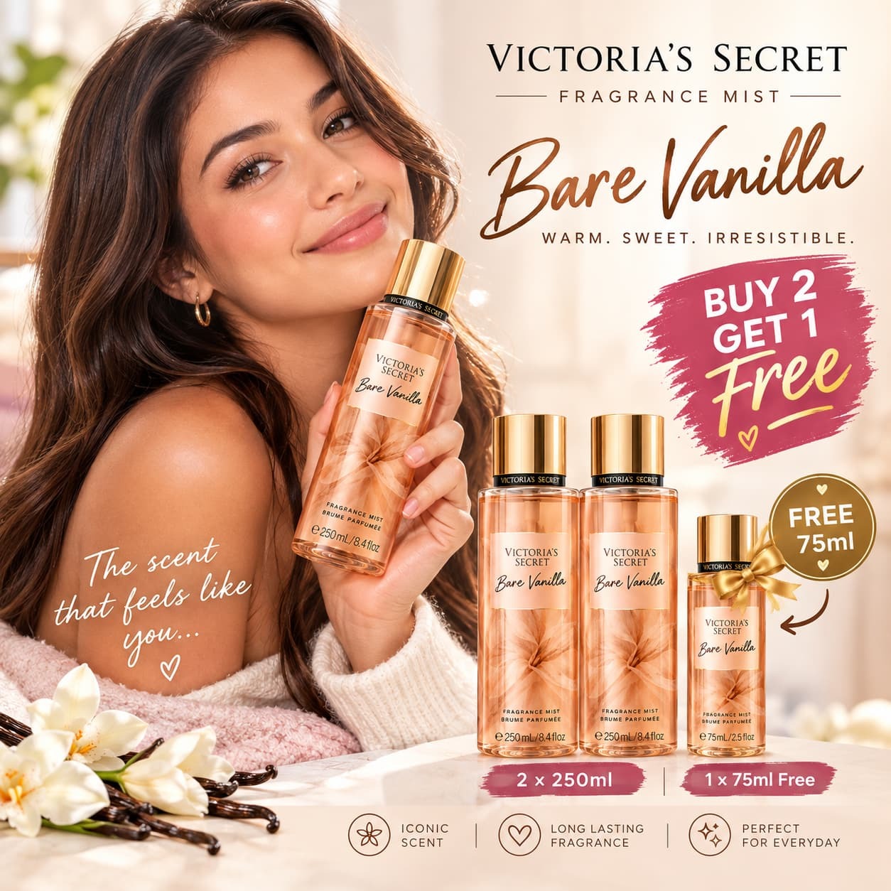 Victoria’s Secret Bare Vanilla Body Mist Bundle – 2 × 250ml + FREE 75ml