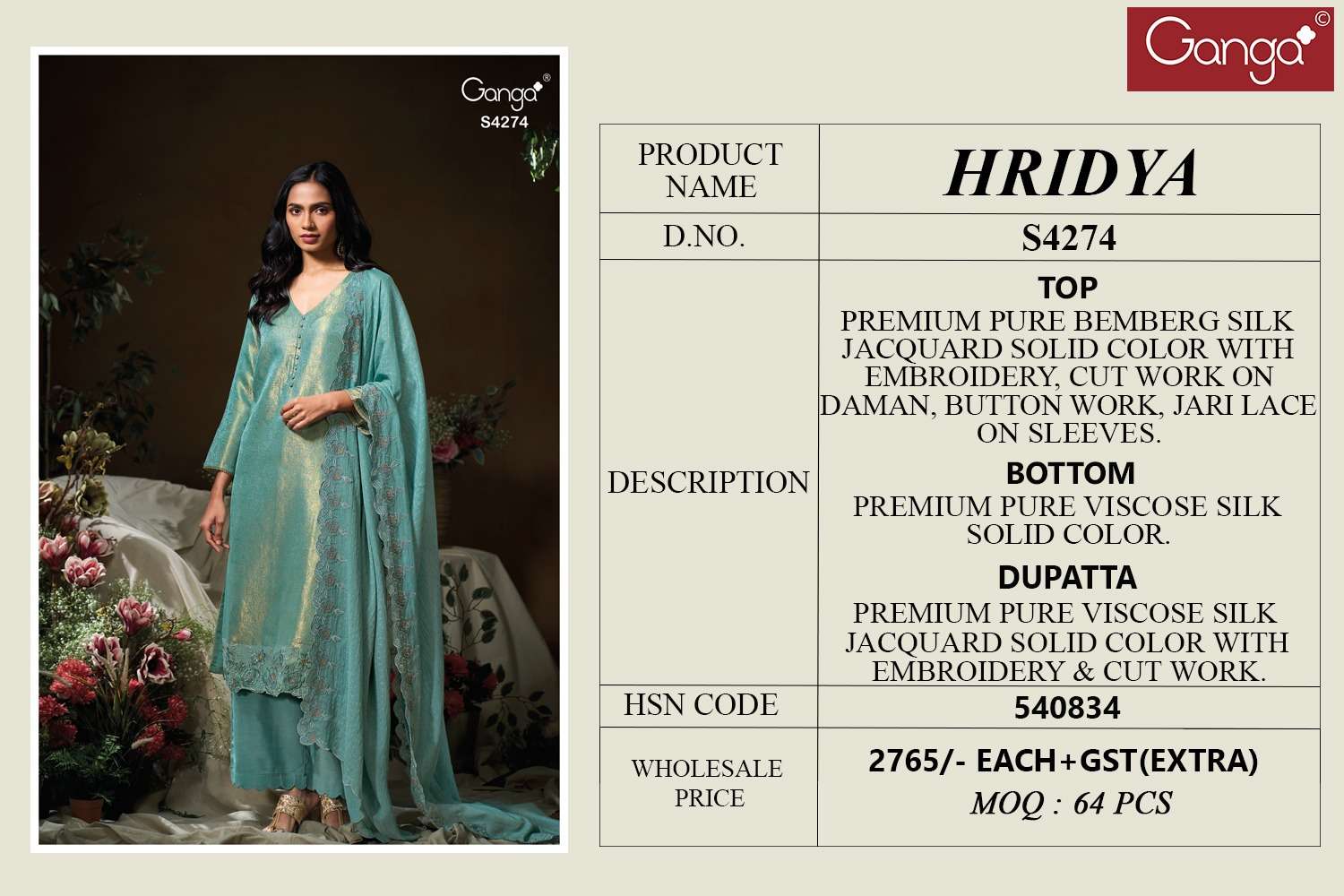 Ganga Fashion Hridya 4274 Pure Bemberg Silk Partywear Suit Collection