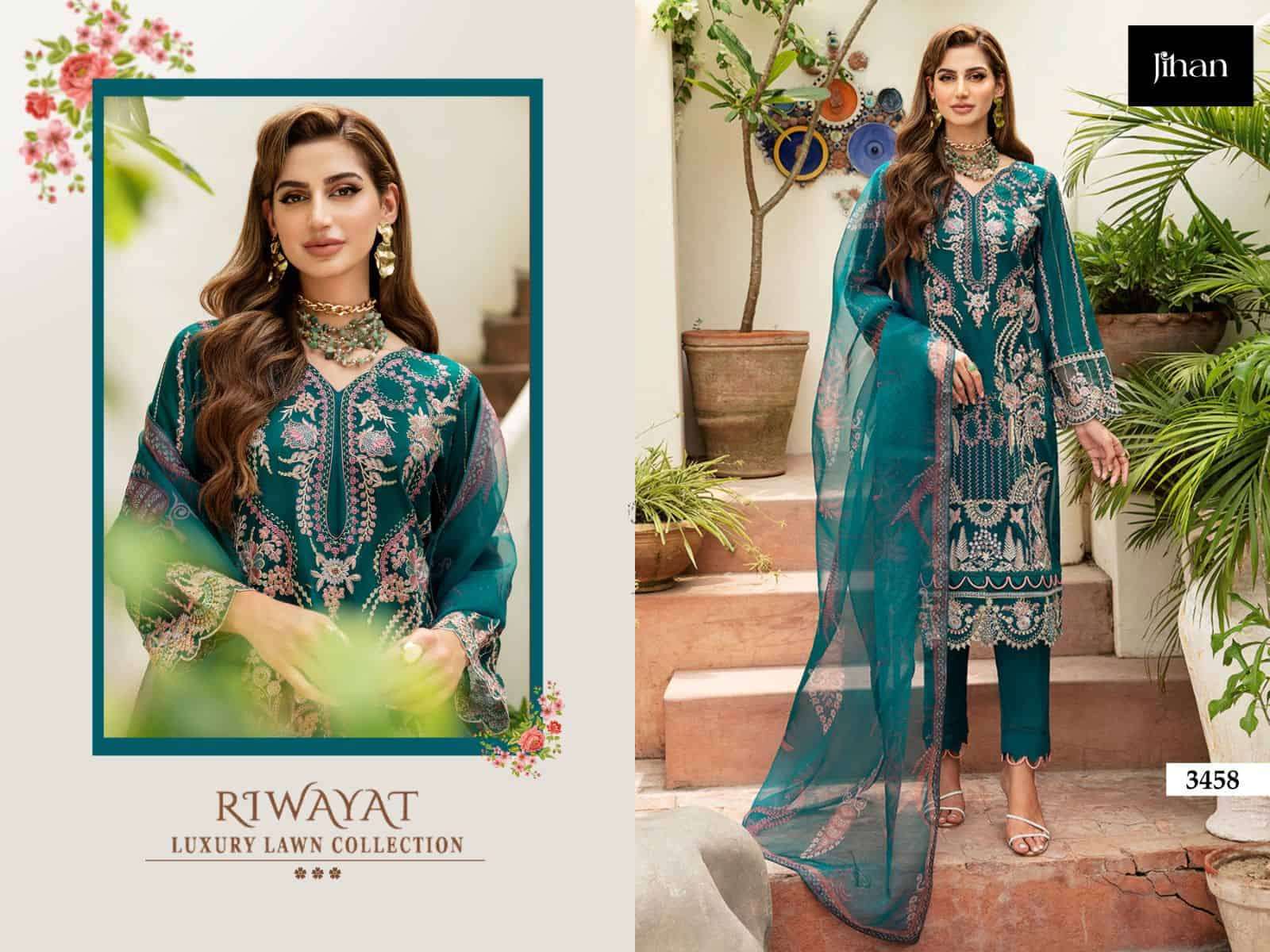 Jihan Riwayat Luxury Lawn Collection Embroidered Designer Dress Ensemble