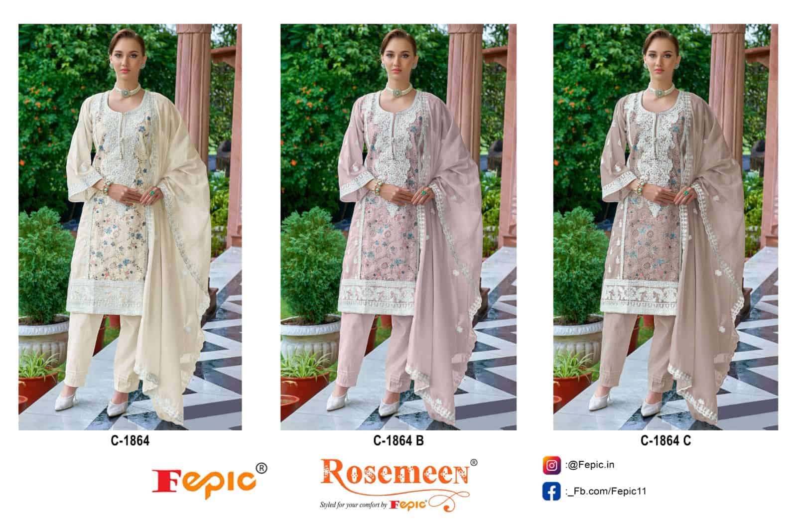Fepic C 1864 Colors Pakistani Designer Organza Embroidered Suit Wholesalers