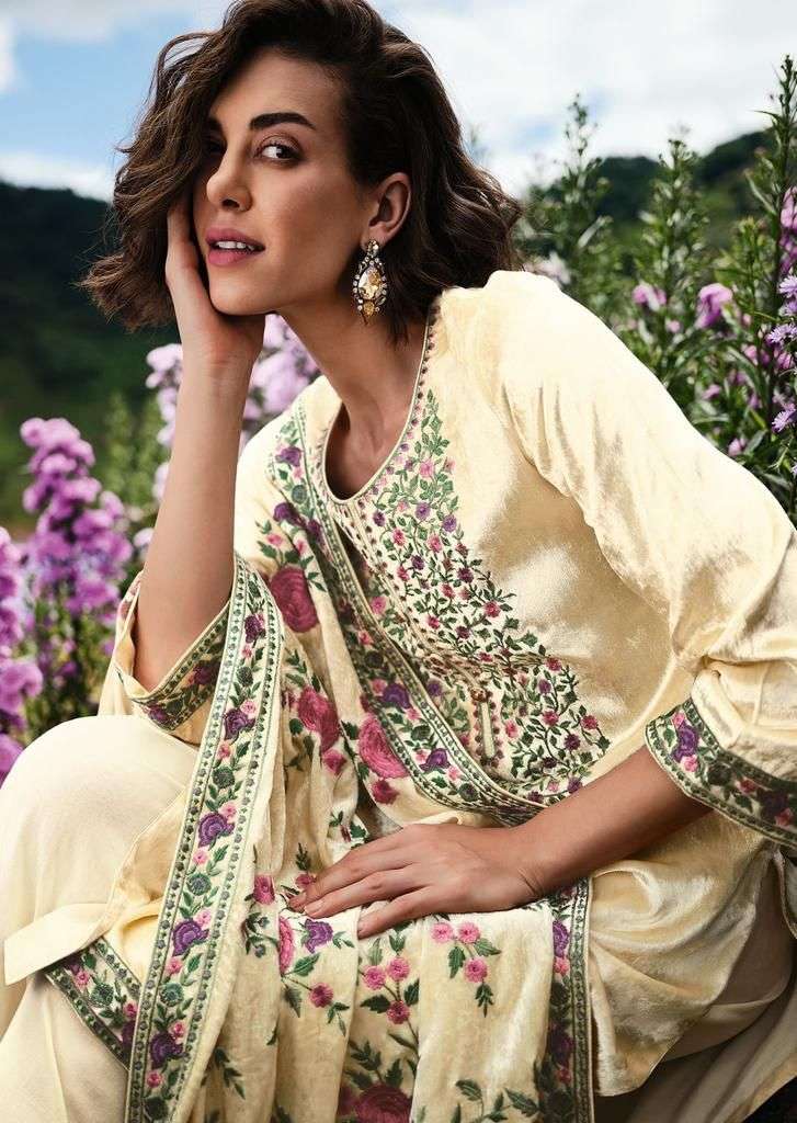 Varsha Valley of Flower Hit Cream Colour Winter Wear Velvet Suit Design