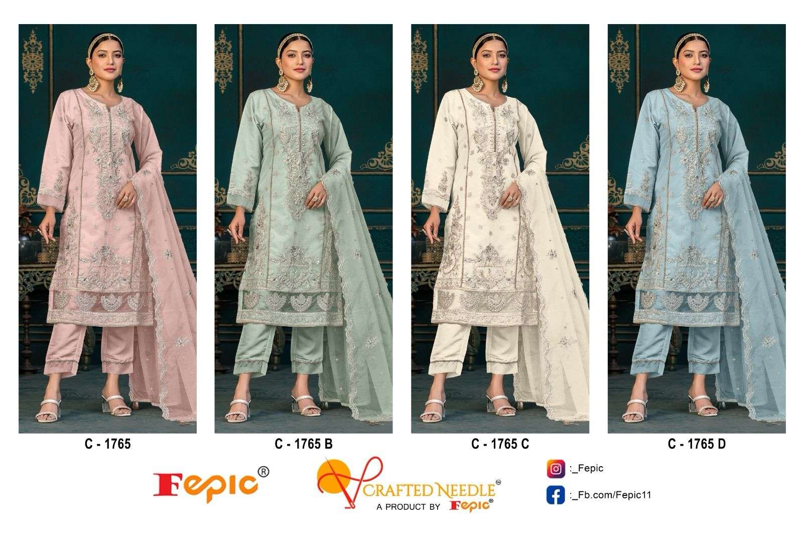 Fepic C 1765 Colors Pakistani organza Embroidered Designer Suit Wholesalers