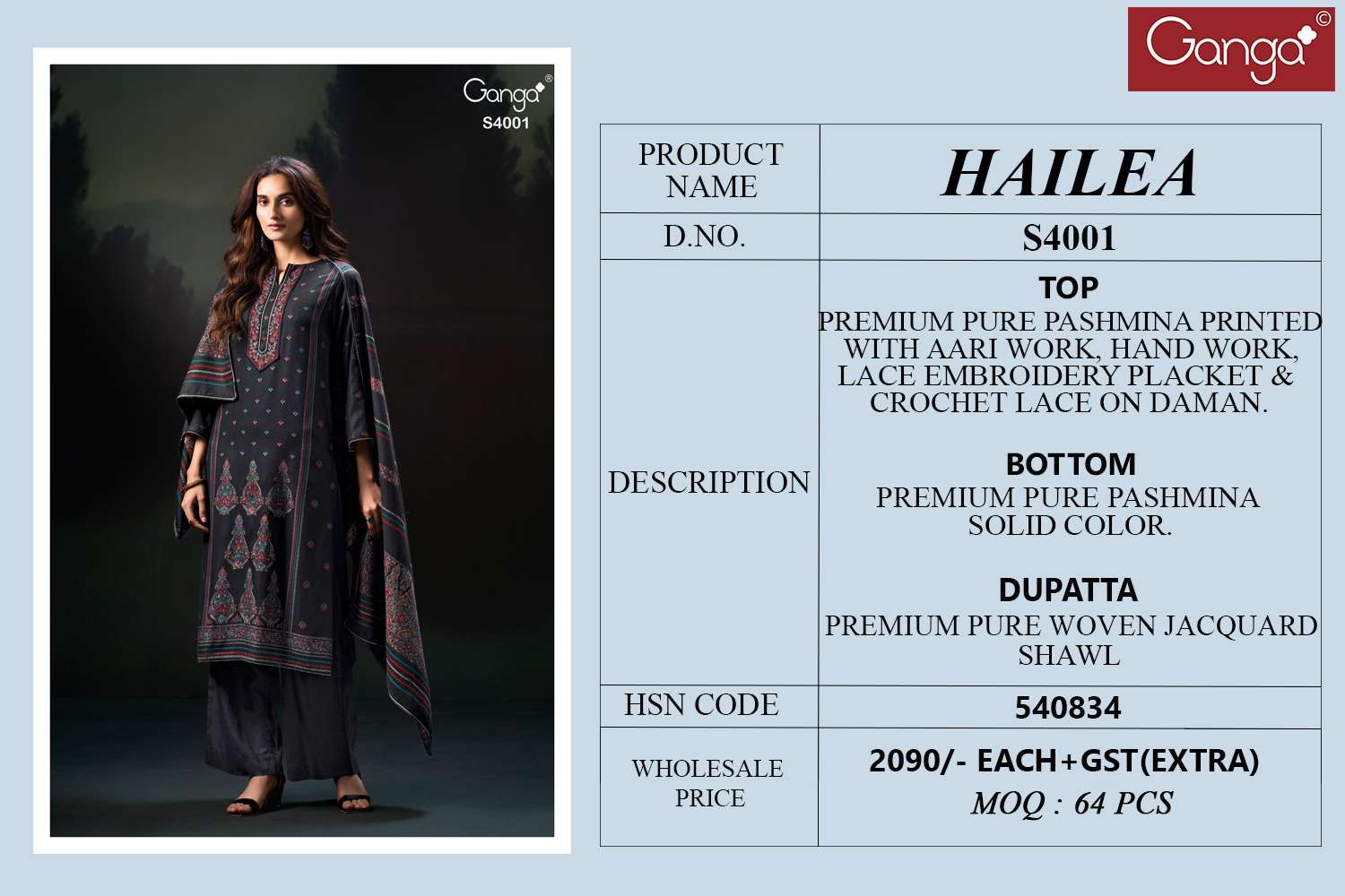 Ganga Fashion Hailea 4001 Pure Pashmina Suit Fancy Winter Collection
