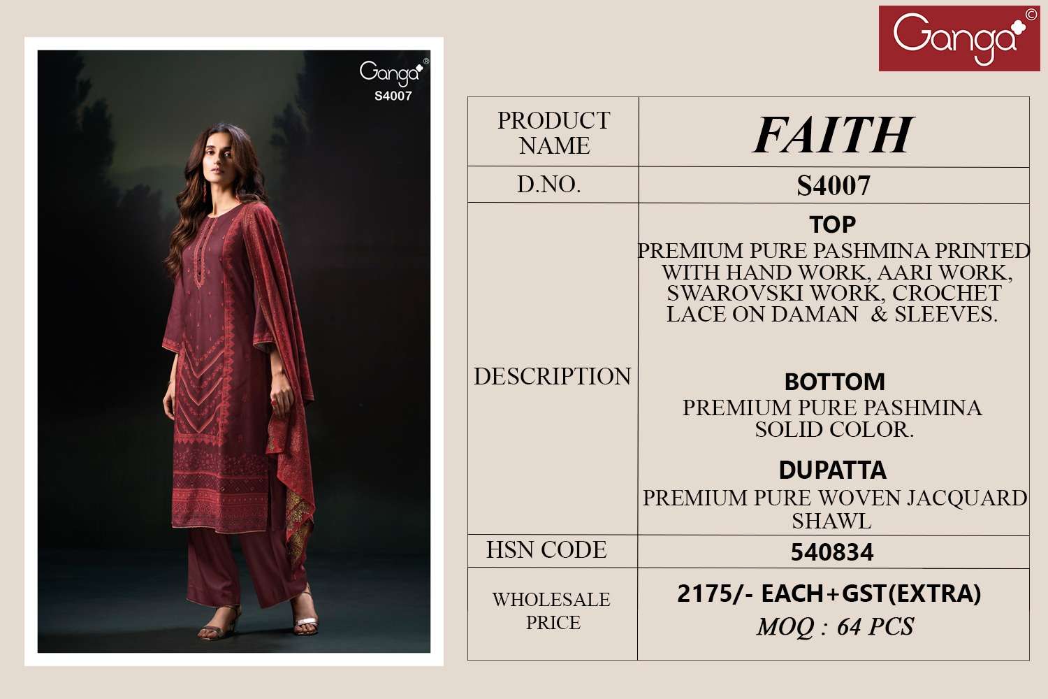 Ganga Fashion Faith 4007 Premium Pure Pashmina Suit Winter Collection