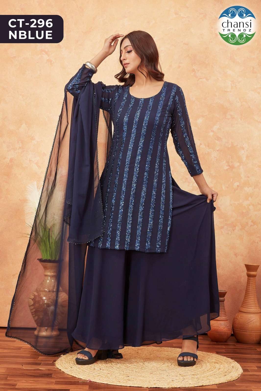 Chansi Trendz Ct 296 Nblue Fancy Georgette 3 Piece Palazzo Suit Collection