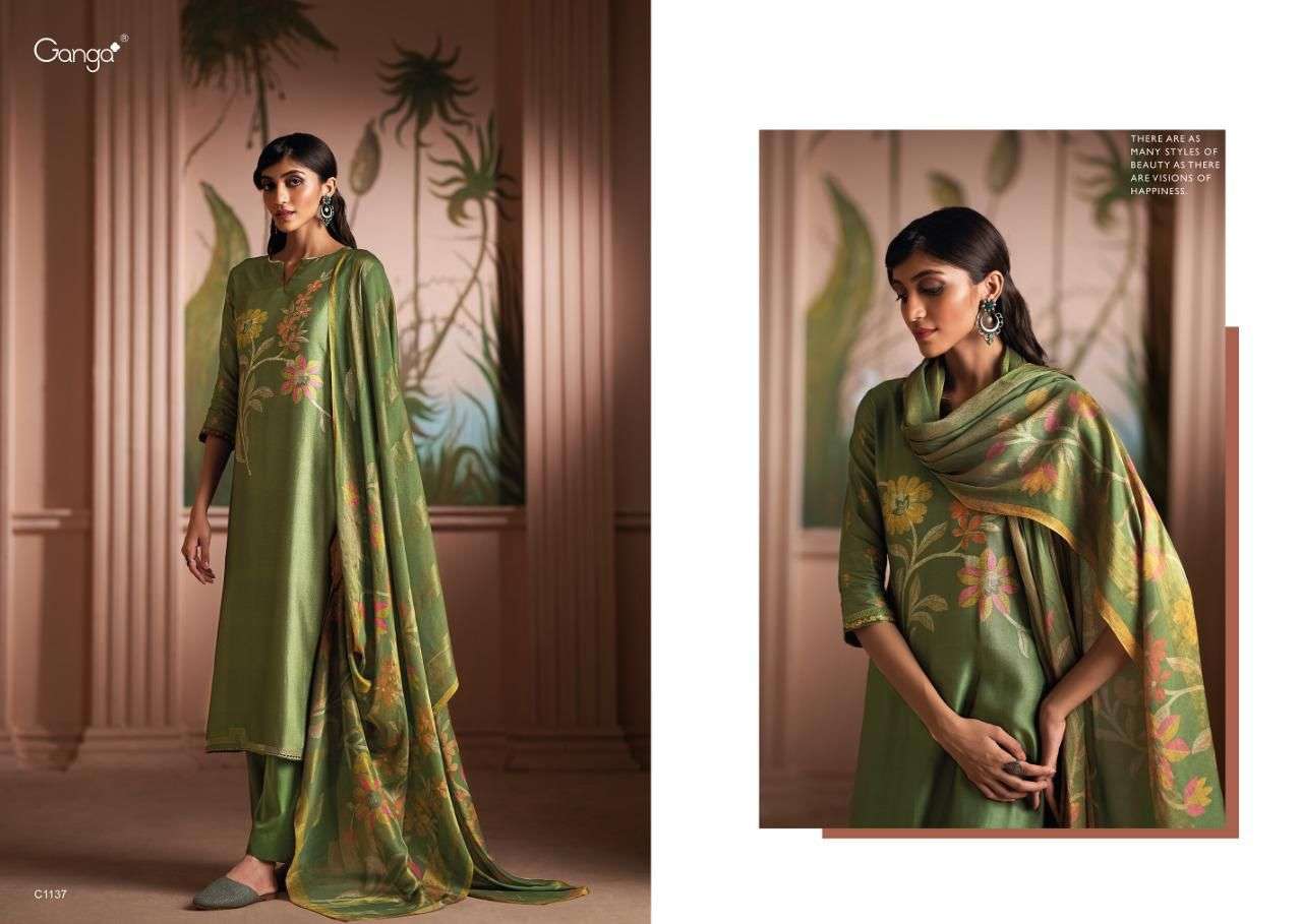 Ganga Shanaya 1137 Green Pure Russian Silk Branded Ladies Suit Winter Collection