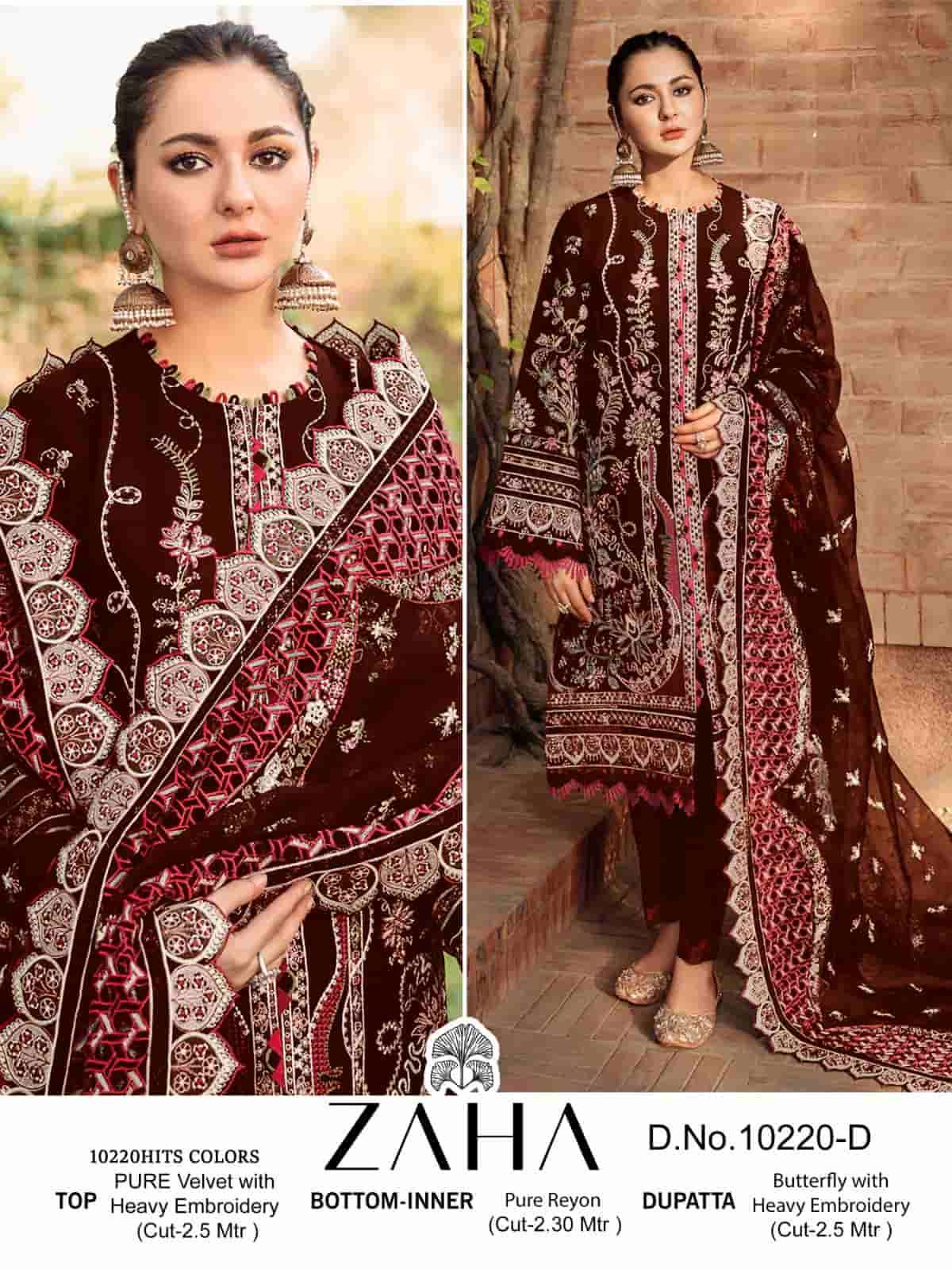 Zaha Aafiya Vol 1 10220 Hits Colors Pakistani Heavy Designer Velvet Suit Exporters