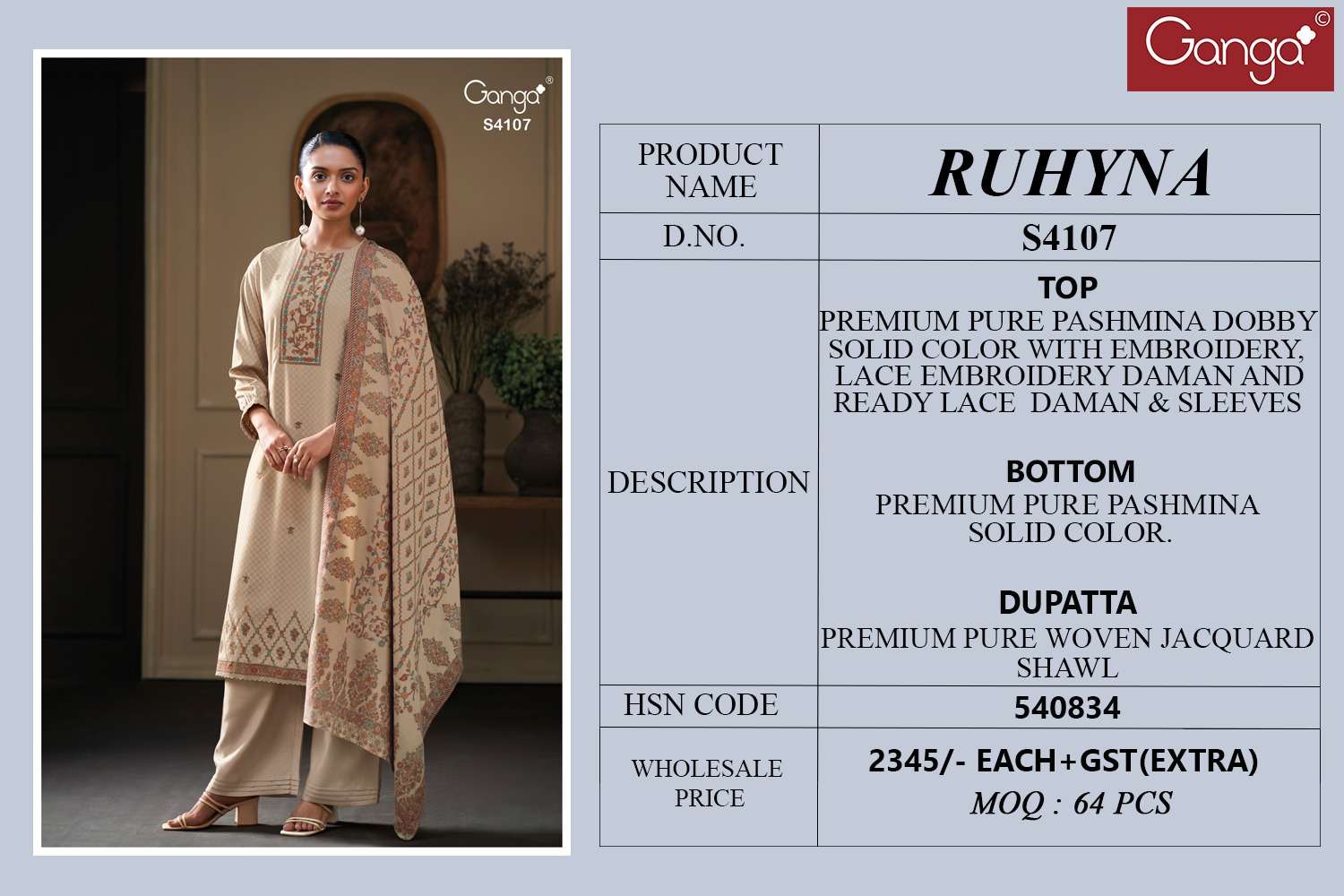 Ganga Fashion Ruhyna 4107 Pure Pashmina Suit Winter Collection Online